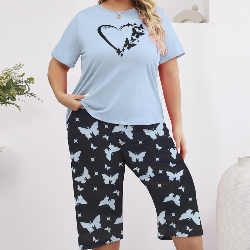 Moteriškos laisvos, plius dydžio pižamos, trumpomis rankovėmis, patogios, laisvos, apvalios kaklo formos kelnės, pižama.