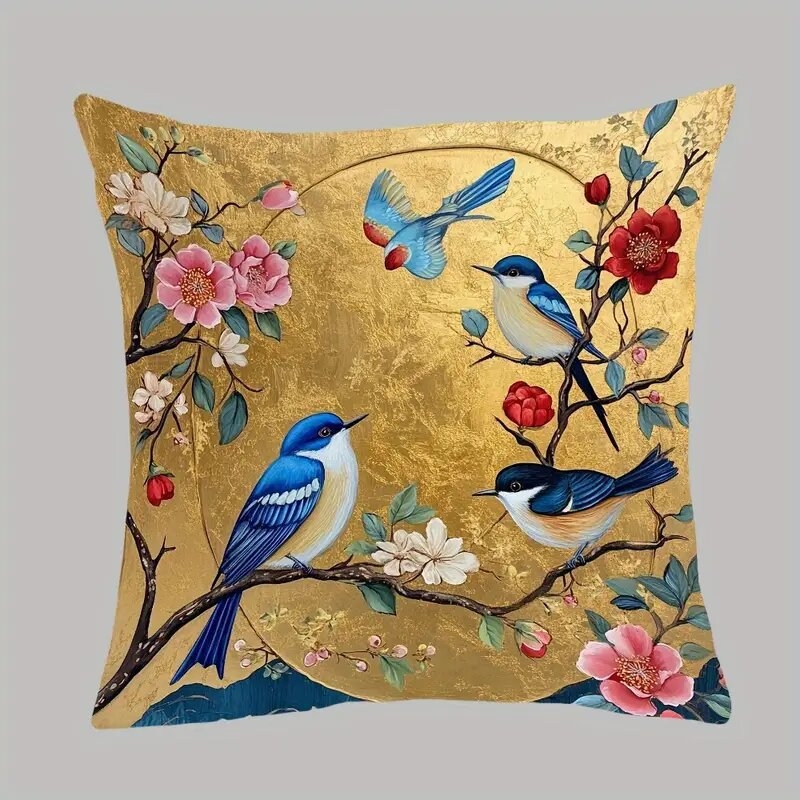 1 τεμάχιο πολυτελούς μαξιλαροθήκης με χρυσή εκτύπωση λουλουδιών και πουλιών, αόρατη μαξιλαροθήκη κλειστή με φερμουάρ από πολυεστέρα