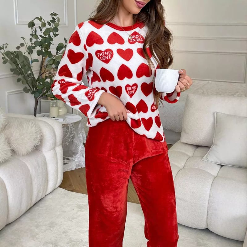 Pantaloni cu mânecă lungă din flanel Amazon pentru toamnă și iarnă, pijamale calde, imprimate cu dragoste, din fleece coral, pentru femei, personalizate pentru acasă