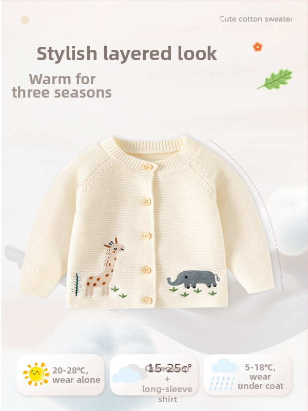 Памучен бебешки пуловер Happy Animal Class a, есенно-зимен плетен бебешки кардиган, едноцветен, сладък бебешки пуловер