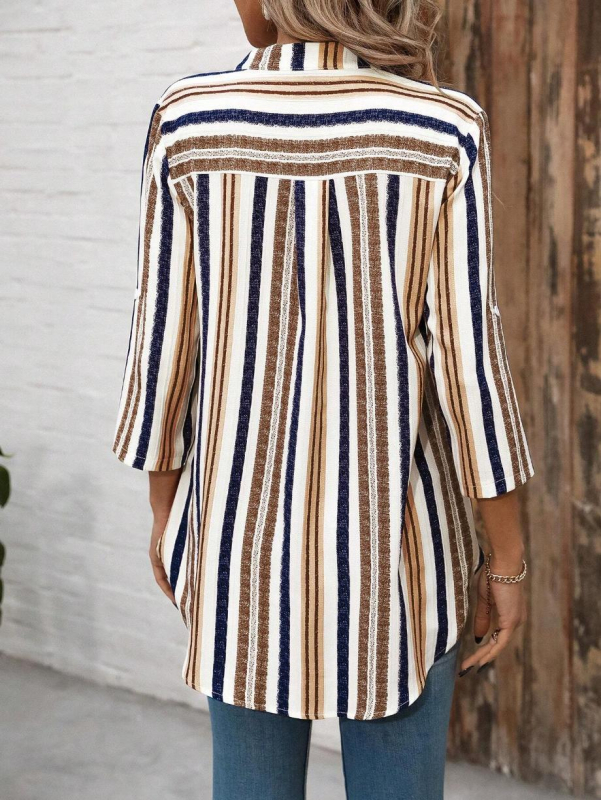 2025 m. Europos ir Amerikos mados tarpvalstybiniai „Amazon“ pavasario ir vasaros moteriški marškiniai su dryžiais ir spauda