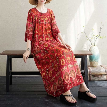 „Real Shot 2024“ vasaros nauja vintažinė medvilninė didelio dydžio spausdinta putli moteriška laisva etninio stiliaus suknelė