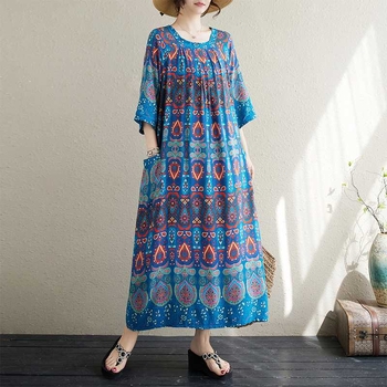 „Real Shot 2024“ vasaros nauja vintažinė medvilninė didelio dydžio spausdinta putli moteriška laisva etninio stiliaus suknelė