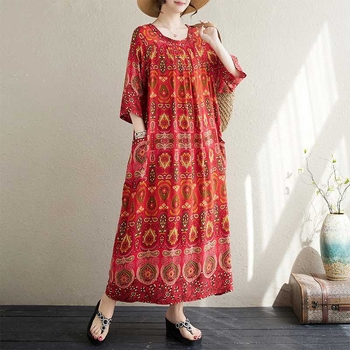 „Real Shot 2024“ vasaros nauja vintažinė medvilninė didelio dydžio spausdinta putli moteriška laisva etninio stiliaus suknelė