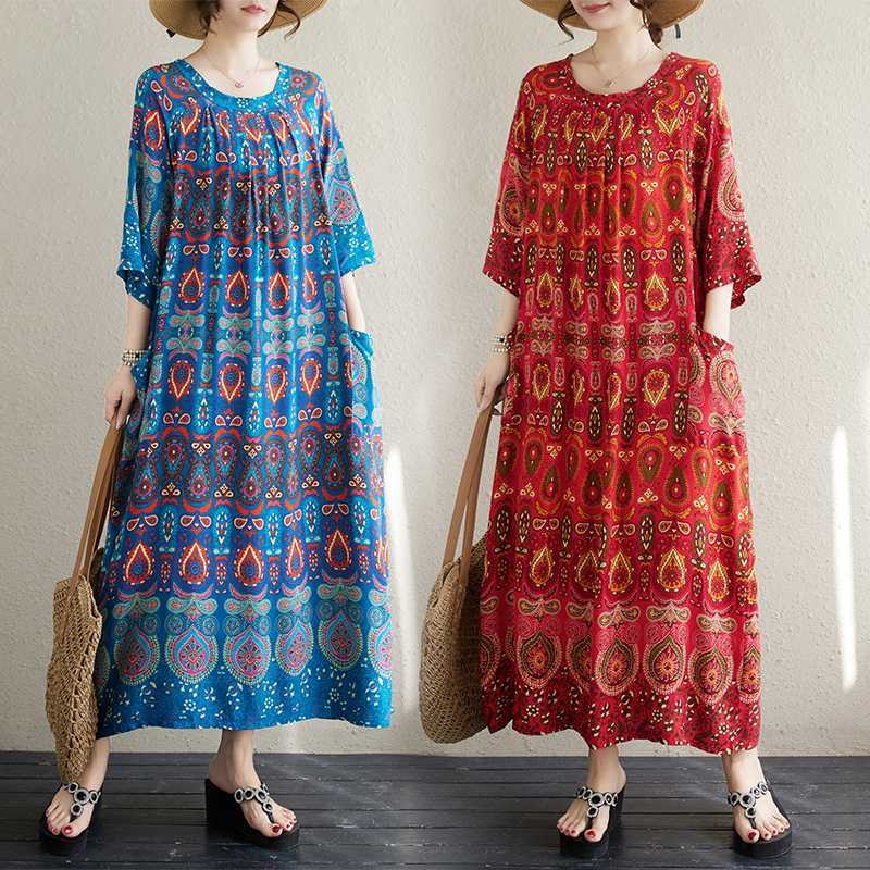 „Real Shot 2024“ vasaros nauja vintažinė medvilninė didelio dydžio spausdinta putli moteriška laisva etninio stiliaus suknelė