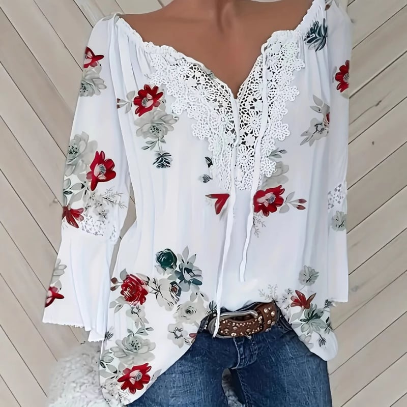2025 Vara europeană și americană Export transfrontalier Amazon Nou tricou floral cu guler în V, îmbinare, topuri pentru femei