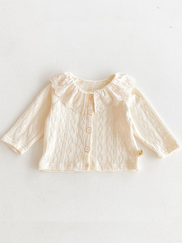 Kūdikių mergaičių minkšti marškinėliai su raukiniais ir nėrinių apykakle, korėjietiško stiliaus, rudens stiliaus, mieli ir stilingi marškinėliai apačioje.