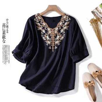 Real Shot 2024 Καλοκαίρι Νέο Βαμβακερό και Λινό Καλλιτεχνικό Ρετρό Χαλαρό Κεντημένο V-Neck Λεπτό Μπλούζα Γυναικείο