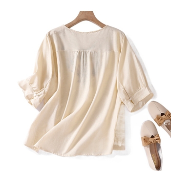 Real Shot 2024 Καλοκαίρι Νέο Βαμβακερό και Λινό Καλλιτεχνικό Ρετρό Χαλαρό Κεντημένο V-Neck Λεπτό Μπλούζα Γυναικείο