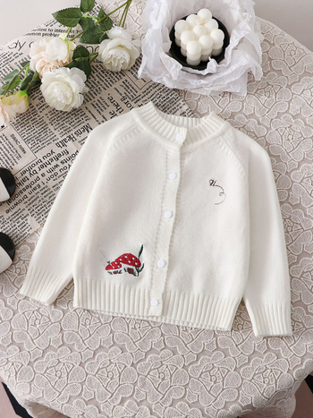 Universalus rudens ir žiemos megztinis kūdikiams ir mažiems vaikams, balkšvas apvalios iškirptės, grybo rašto siuvinėjimo ilgomis rankovėmis megztas trumpas kardiganas