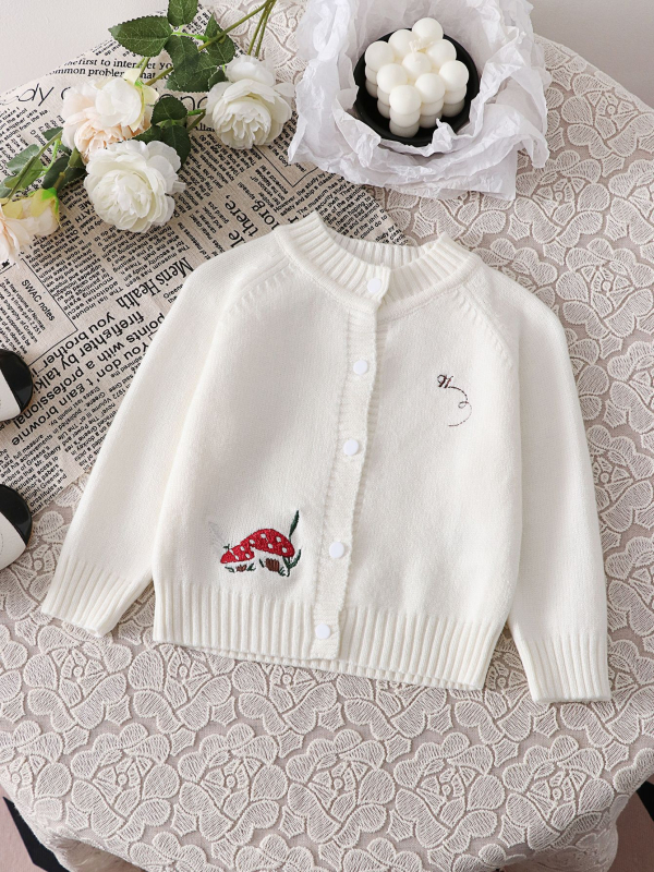 Universalus rudens ir žiemos megztinis kūdikiams ir mažiems vaikams, balkšvas apvalios iškirptės, grybo rašto siuvinėjimo ilgomis rankovėmis megztas trumpas kardiganas