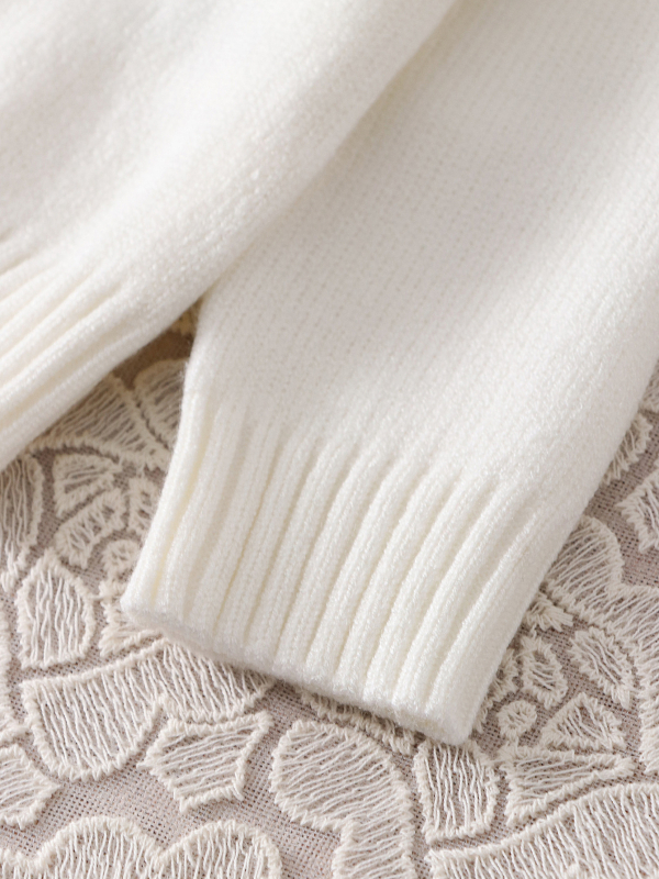 Universalus rudens ir žiemos megztinis kūdikiams ir mažiems vaikams, balkšvas apvalios iškirptės, grybo rašto siuvinėjimo ilgomis rankovėmis megztas trumpas kardiganas