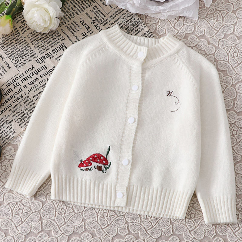 Universalus rudens ir žiemos megztinis kūdikiams ir mažiems vaikams, balkšvas apvalios iškirptės, grybo rašto siuvinėjimo ilgomis rankovėmis megztas trumpas kardiganas