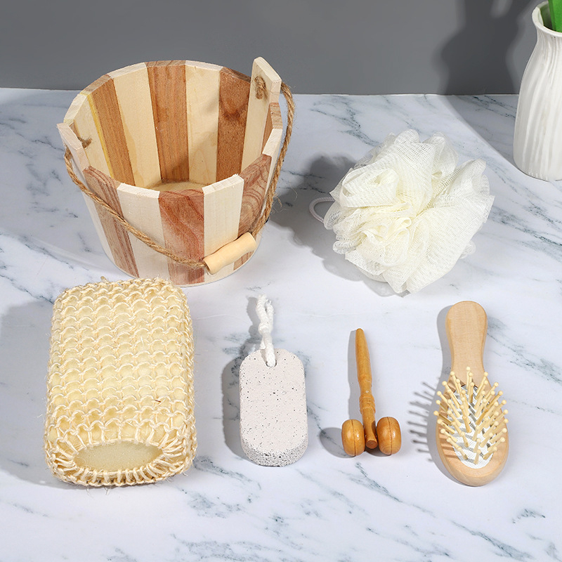 Tiesioginio gamyklinio tiekimo statinės formos vonios komplektas, didmeninis vonios kamuoliukų, pėdų akmenų masažuoklių, penkių dalių vonios komplektas