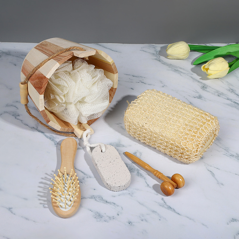 Tiesioginio gamyklinio tiekimo statinės formos vonios komplektas, didmeninis vonios kamuoliukų, pėdų akmenų masažuoklių, penkių dalių vonios komplektas