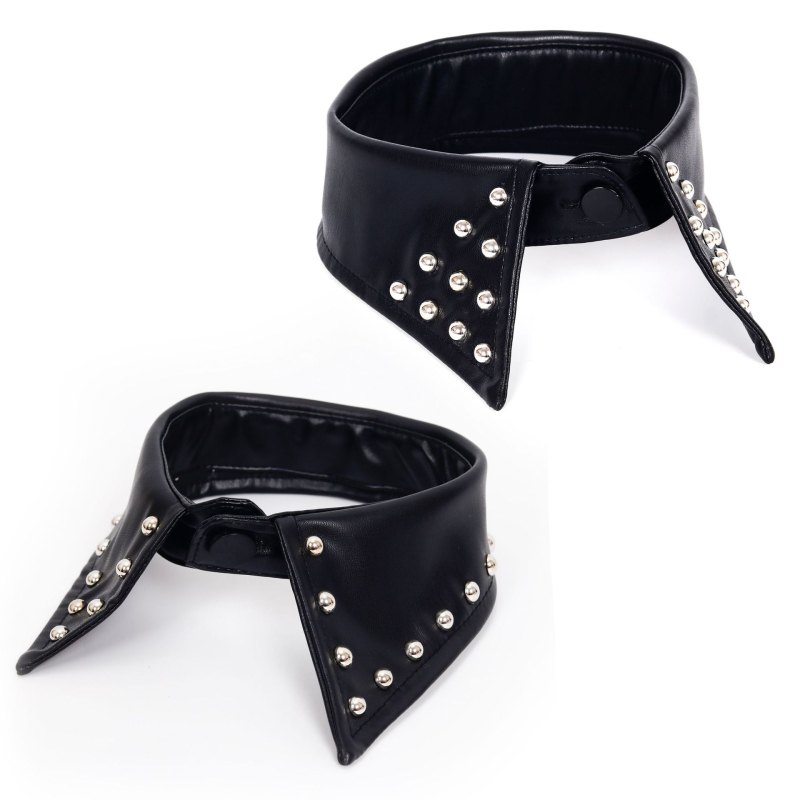 Metalo roko, pankroko stiliaus, kniedėmis pritvirtinta odinė antkaklė, rankomis puošta karoliukais, netikra gotikinio stiliaus moteriška nuimama apykaklė.