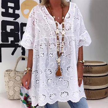 2023 m. „Amazon“ nepriklausomos stoties europietiškos ir amerikietiškos moteriškos naujos V formos iškirptės, tuščiavidurės siuvinėtos palaidinės su trumpomis rankovėmis sandėlyje.