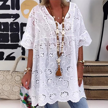 Νέο, ευρωπαϊκό και αμερικανικό γυναικείο μπλούζα με V λαιμόκοψη και κέντημα, κοντομάνικο φόρεμα σε απόθεμα, σε απόθεμα, ανεξάρτητος σταθμός Amazon του 2023.