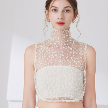 Elegantiška grynos medvilnės aukštos klasės dekoracija, siuvinėta per kraštus Ozon nėriniais, prancūziška, iškirpta, pusės ilgio, netikra apykaklė moterims.