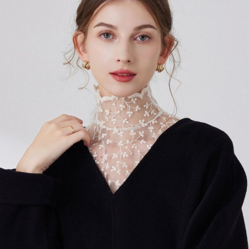 Elegantiška grynos medvilnės aukštos klasės dekoracija, siuvinėta per kraštus Ozon nėriniais, prancūziška, iškirpta, pusės ilgio, netikra apykaklė moterims.