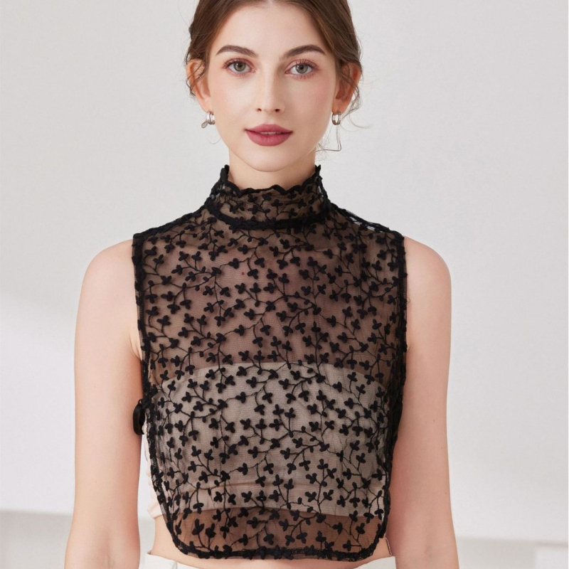 Elegantiška grynos medvilnės aukštos klasės dekoracija, siuvinėta per kraštus Ozon nėriniais, prancūziška, iškirpta, pusės ilgio, netikra apykaklė moterims.