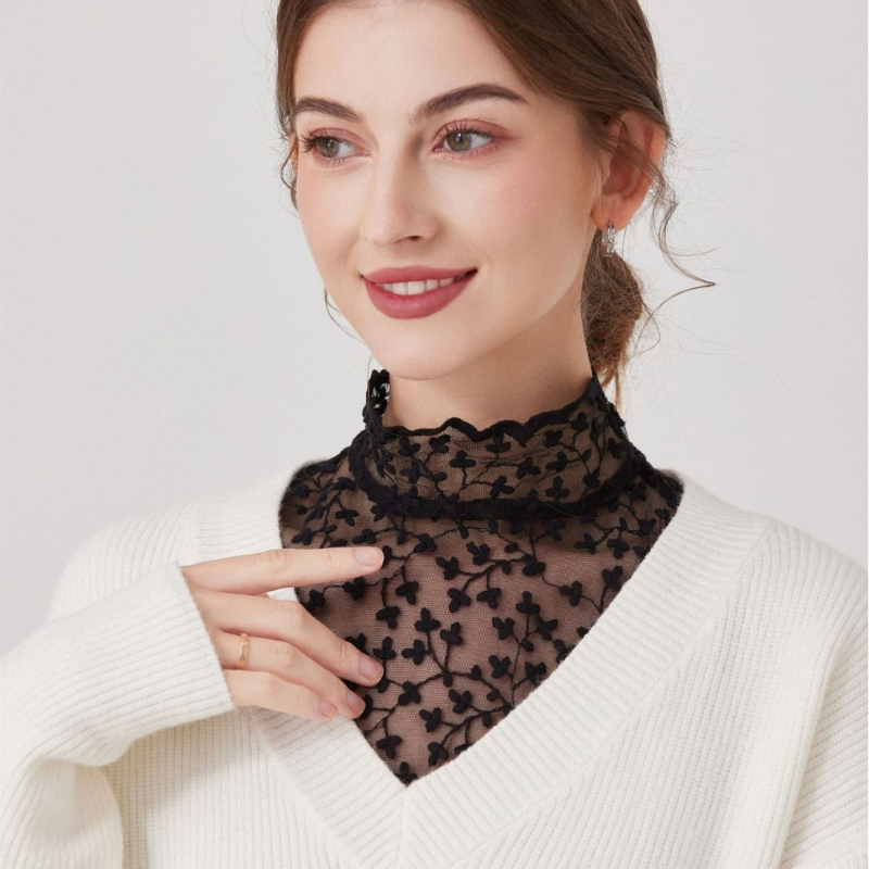 Elegantiška grynos medvilnės aukštos klasės dekoracija, siuvinėta per kraštus Ozon nėriniais, prancūziška, iškirpta, pusės ilgio, netikra apykaklė moterims.