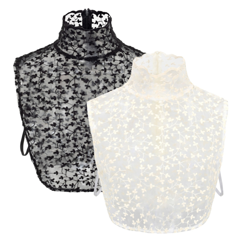 Elegantiška grynos medvilnės aukštos klasės dekoracija, siuvinėta per kraštus Ozon nėriniais, prancūziška, iškirpta, pusės ilgio, netikra apykaklė moterims.