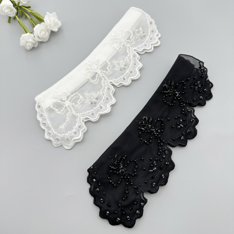 Madingas populiarus smulkaus tinklelio siuvinėjimo lankelio dizainas su sunkiais amatų karoliukais, naujas juodai baltas mažas daiktas, netikras apykaklė