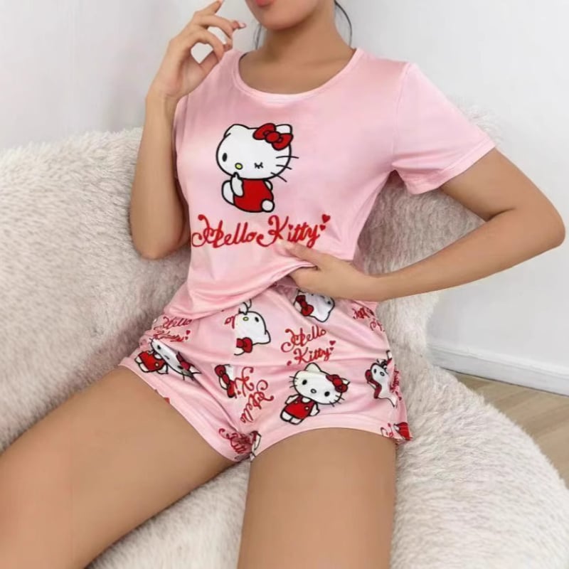 Γυναικεία πιτζάμα Hellokitty για την άνοιξη και το φθινόπωρο, νέα κοστούμι σπιτιού με κοντομάνικο σχέδιο, Real Shot Hello Kitty Girl