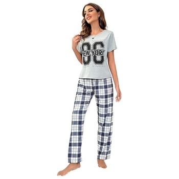 Καλοκαιρινές Ευρωπαϊκές και Αμερικανικές Διασυνοριακές Γαλάζιες Μεταξωτές Καθημερινές Αθλητικές Φορετές Γυναικείες Πιτζάμες με Στάμπα και Καρό