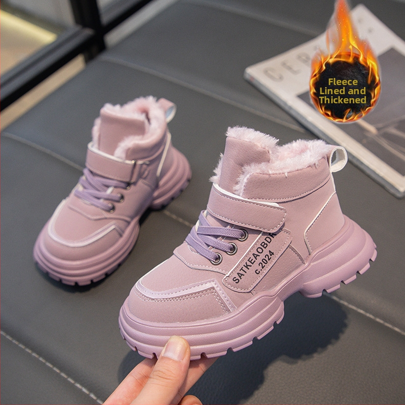 Bērnu ar vilnas oderi sabiezināti kokvilnas sniega zābaki 2024. gada ziemas jauni zēnu un meiteņu silti Martina zābaki, virsdrēbju kokvilnas apavi