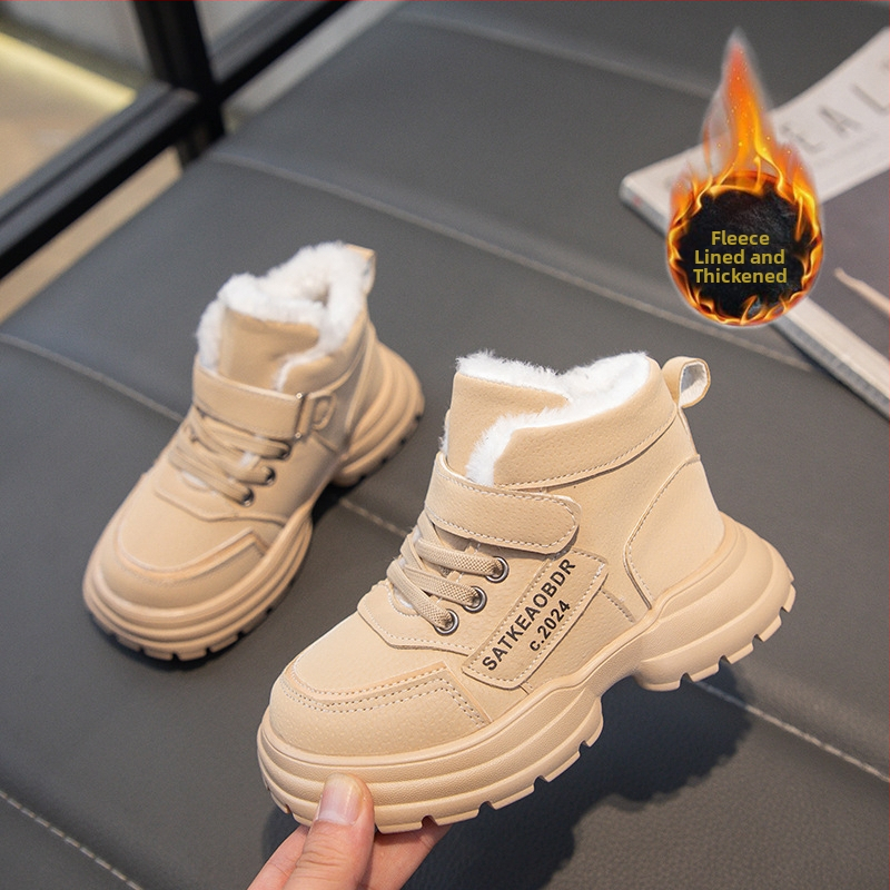 Bērnu ar vilnas oderi sabiezināti kokvilnas sniega zābaki 2024. gada ziemas jauni zēnu un meiteņu silti Martina zābaki, virsdrēbju kokvilnas apavi