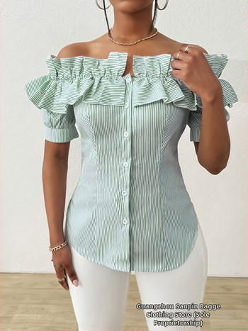 Дамска лятна риза с къс ръкав, елегантна и раирана, с разкроени рамене и надупчена форма, от Spot Cross-Border Export