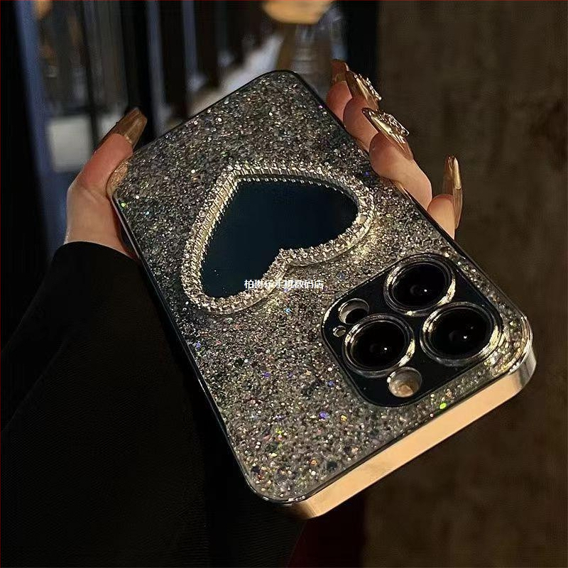 Ochranné puzdro s flitrami a galvanicky pokovovaným lepidlom na retušovanie zrkadla pre iPhone 15Pro 16Promax Apple 12