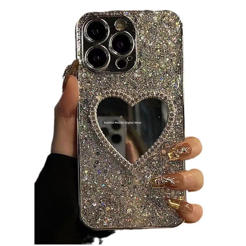 Ochranné puzdro s flitrami a galvanicky pokovovaným lepidlom na retušovanie zrkadla pre iPhone 15Pro 16Promax Apple 12