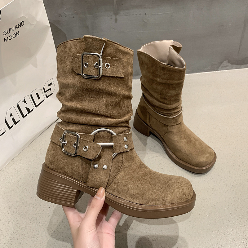 Vidutinio blauzdos aukščio aulinukai su sagtimi, retro vintažinio stiliaus, 2025 m. nauji rudens ir žiemos „Wasteland“ vesterno stiliaus aulinukai, rudi moteriški aulinukai