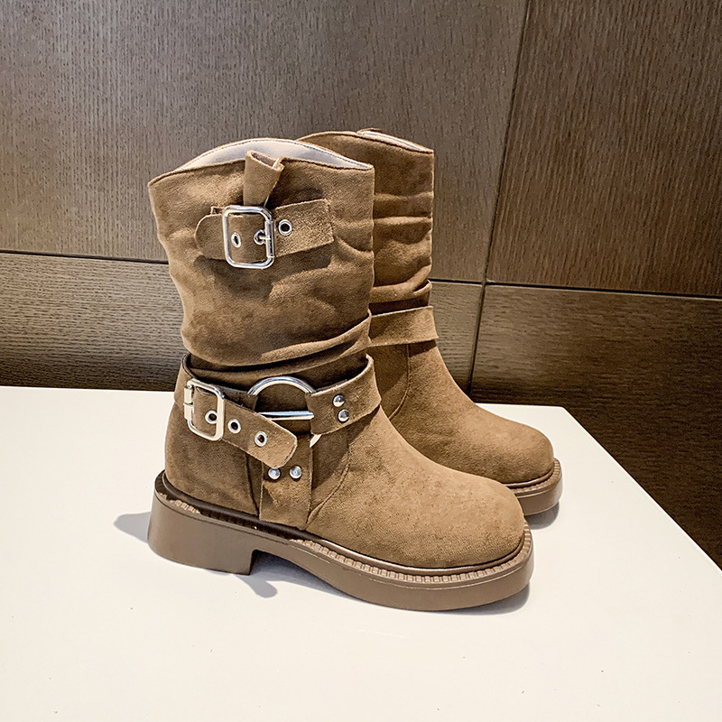 Vidutinio blauzdos aukščio aulinukai su sagtimi, retro vintažinio stiliaus, 2025 m. nauji rudens ir žiemos „Wasteland“ vesterno stiliaus aulinukai, rudi moteriški aulinukai