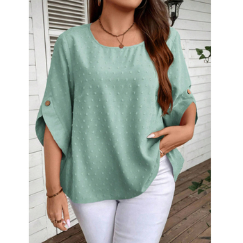 Madingi moteriški marškinėliai 2024 m. pavasariui, nauji, tarpvalstybiniai, užsienio prekybos Europoje ir Amerikoje, „Amazon“ elegantiški, vienspalviai, apvalios iškirptės, septynių taškų rankovių marškinėliai.