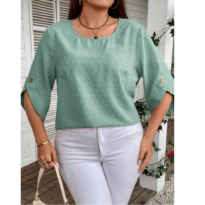 Madingi moteriški marškinėliai 2024 m. pavasariui, nauji, tarpvalstybiniai, užsienio prekybos Europoje ir Amerikoje, „Amazon“ elegantiški, vienspalviai, apvalios iškirptės, septynių taškų rankovių marškinėliai.