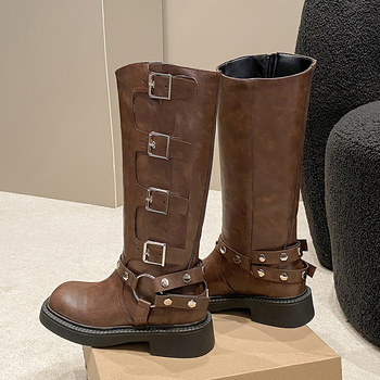 Rudi, moteriški, ilgaauliai, rudi, su diržo sagtimi, storu kulnu, retro stiliaus, ilgaauliai, vestern stiliaus, madingi, riterių stiliaus aulinukai