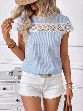 2025 m. „Amazon“ vasaros nauji moteriški drabužiai, Europos ir Amerikos tarpvalstybinis eksportas iš nepriklausomos stoties, trumpomis rankovėmis, nėriniuoti, apvalios kaklo iškirptės marškinėliai