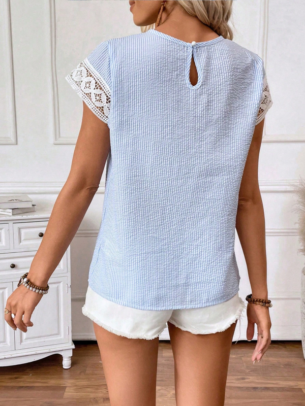 2025 m. „Amazon“ vasaros nauji moteriški drabužiai, Europos ir Amerikos tarpvalstybinis eksportas iš nepriklausomos stoties, trumpomis rankovėmis, nėriniuoti, apvalios kaklo iškirptės marškinėliai