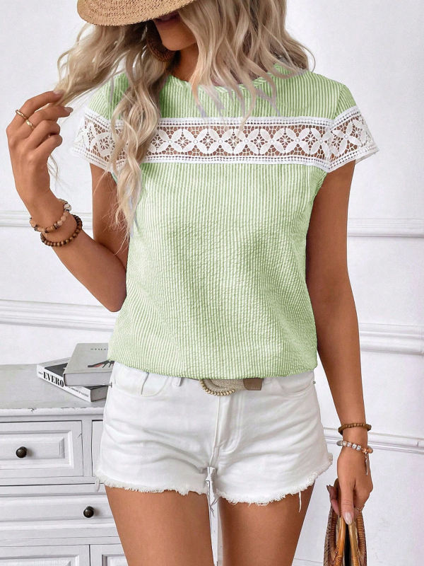 2025 m. „Amazon“ vasaros nauji moteriški drabužiai, Europos ir Amerikos tarpvalstybinis eksportas iš nepriklausomos stoties, trumpomis rankovėmis, nėriniuoti, apvalios kaklo iškirptės marškinėliai