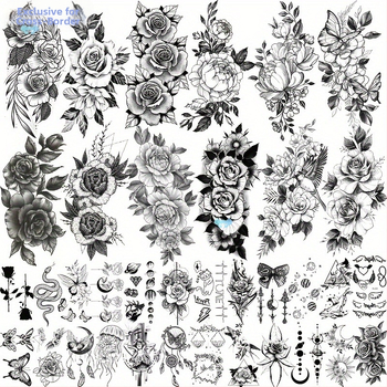 36 gab. pagaidu tetovējumu uzlīmes, reālistiski melni dizaini, pārrobežu