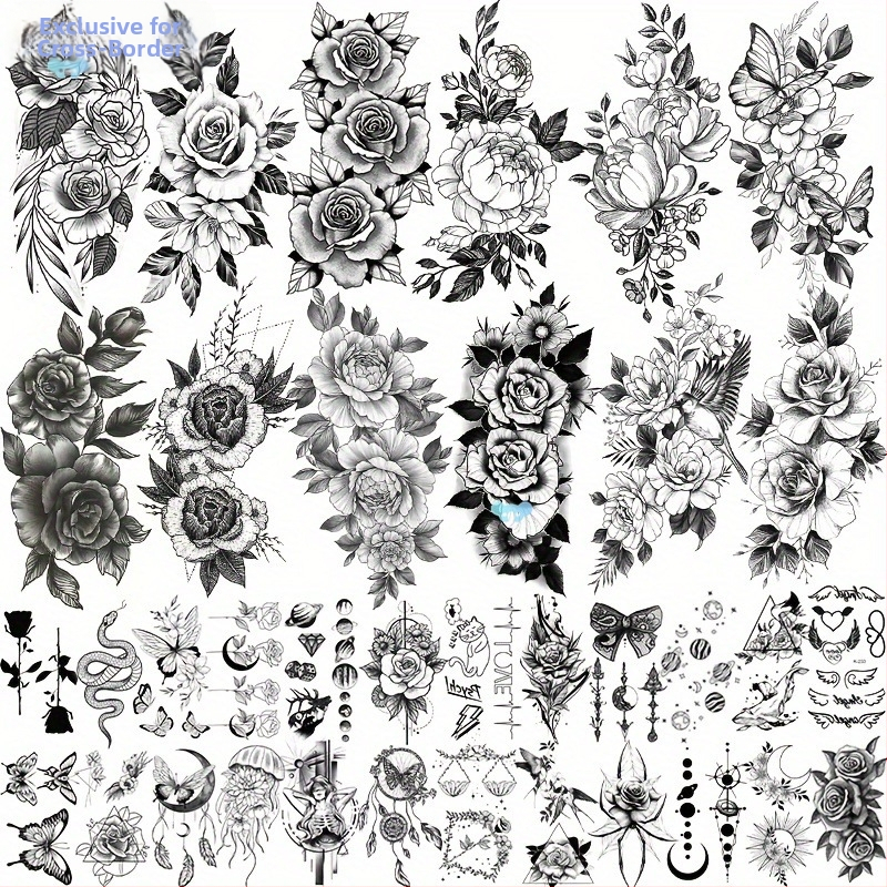 36 бр. временни татуировки с реалистични черни дизайни, трансгранични