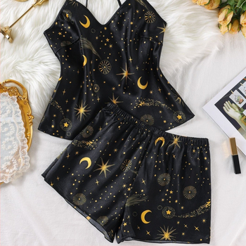 Moteriškos pižamos paaugliams, europietiškos ir amerikietiškos „Amazon“ dirbtinio šilko vasaros nauji seksualūs dirželiai, madingi spausdinti namų drabužiai