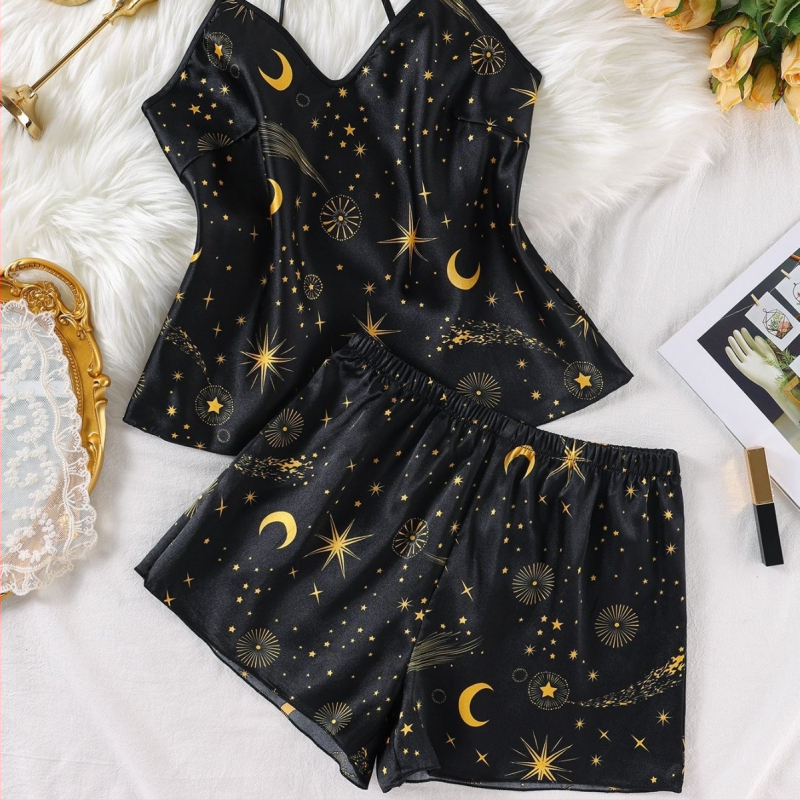 Moteriškos pižamos paaugliams, europietiškos ir amerikietiškos „Amazon“ dirbtinio šilko vasaros nauji seksualūs dirželiai, madingi spausdinti namų drabužiai