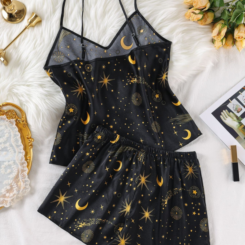 Moteriškos pižamos paaugliams, europietiškos ir amerikietiškos „Amazon“ dirbtinio šilko vasaros nauji seksualūs dirželiai, madingi spausdinti namų drabužiai