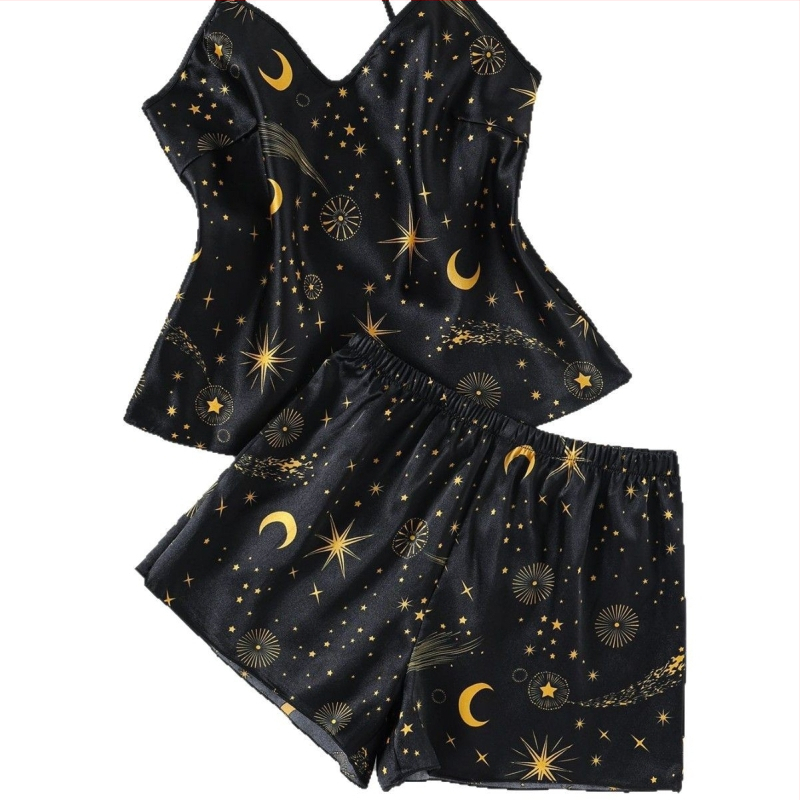 Dámske pyžamo pre tínedžerov, európske a americké, Amazon Faux Silk, letné, nové, sexy, sling, módne, s potlačou, domáce oblečenie