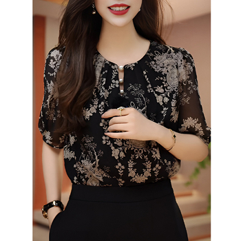 Šifono trumparankoviai moteriški marškiniai, prabangūs vasaros mamos drabužiai, laisvi ir stilingi marškiniai, prabangaus temperamento gėlėta palaidinė